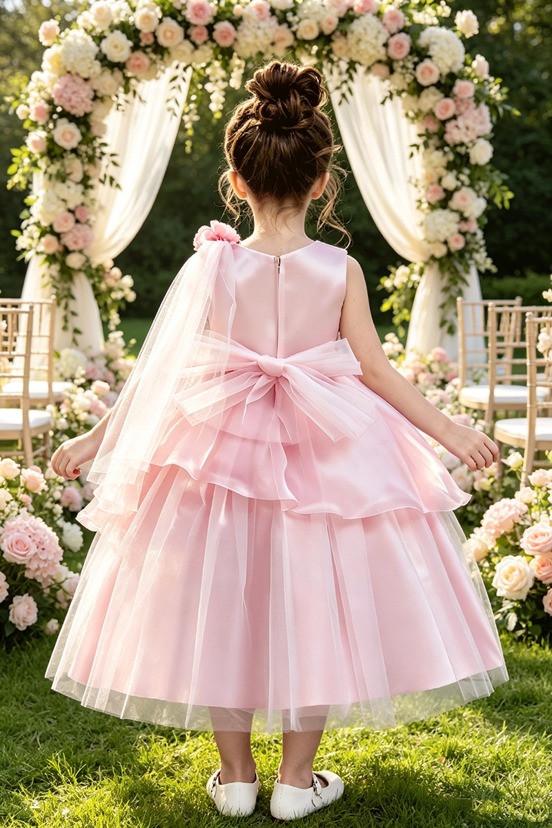 Girls Pink Satin Tulle Flower Girl Gown for Weddings with 3D Floral Accents and Pearl Waist Trim