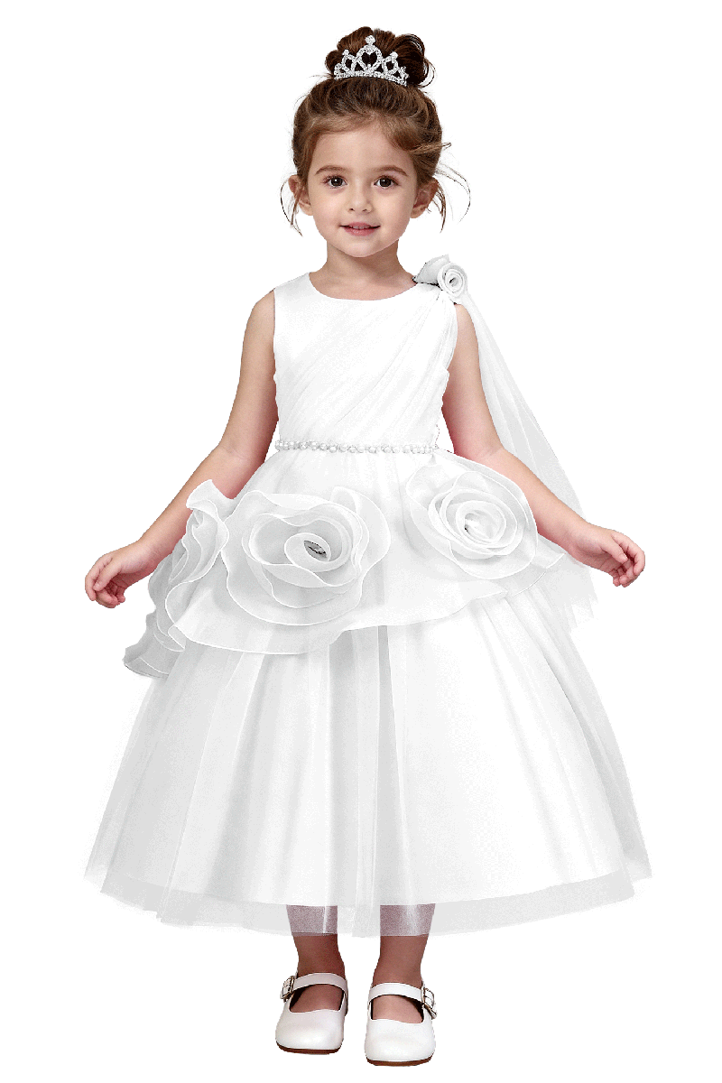 Girls Pink Satin Tulle Flower Girl Gown for Weddings with 3D Floral Accents and Pearl Waist Trim