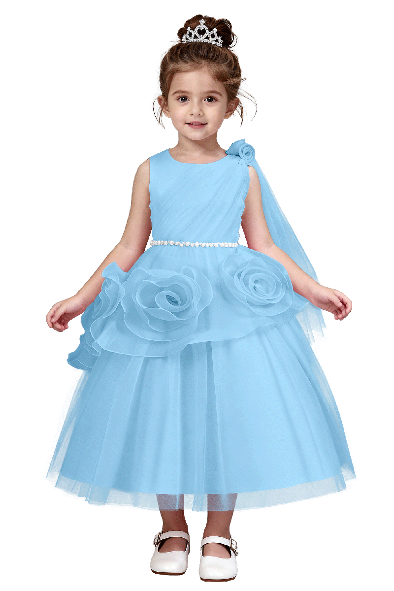 Girls Pink Satin Tulle Flower Girl Gown for Weddings with 3D Floral Accents and Pearl Waist Trim