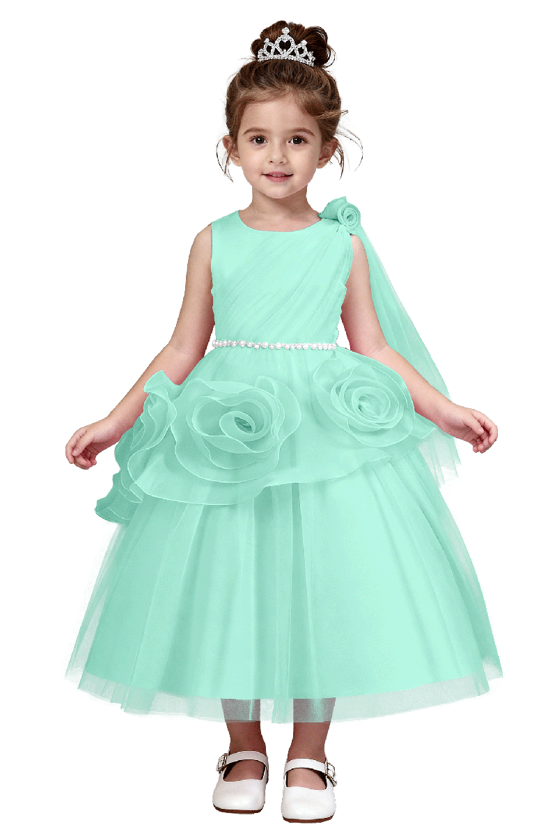 Girls Pink Satin Tulle Flower Girl Gown for Weddings with 3D Floral Accents and Pearl Waist Trim