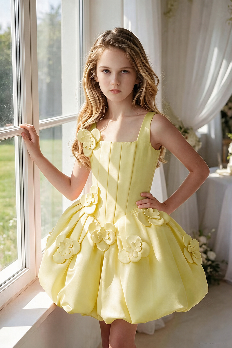 Girls Sage Satin Square Neck Bubble Mini Dress