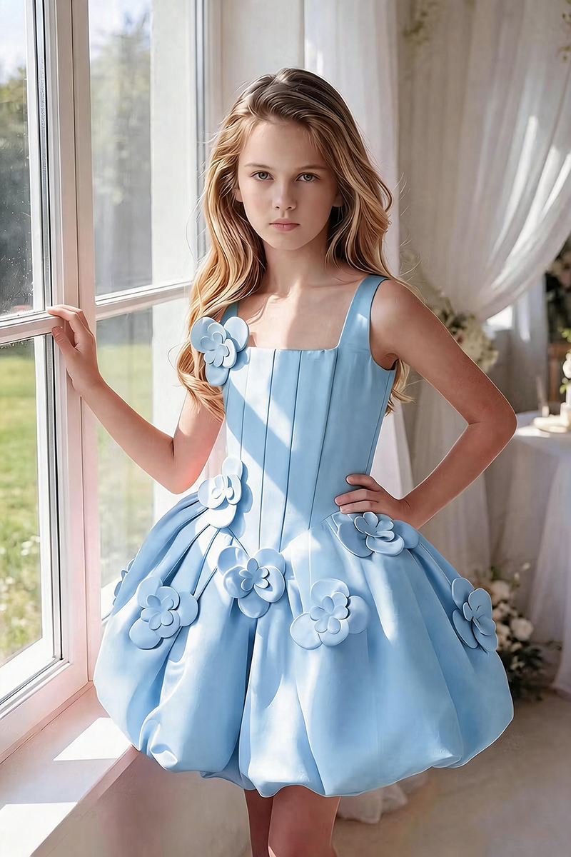 Girls Sage Satin Square Neck Bubble Mini Dress