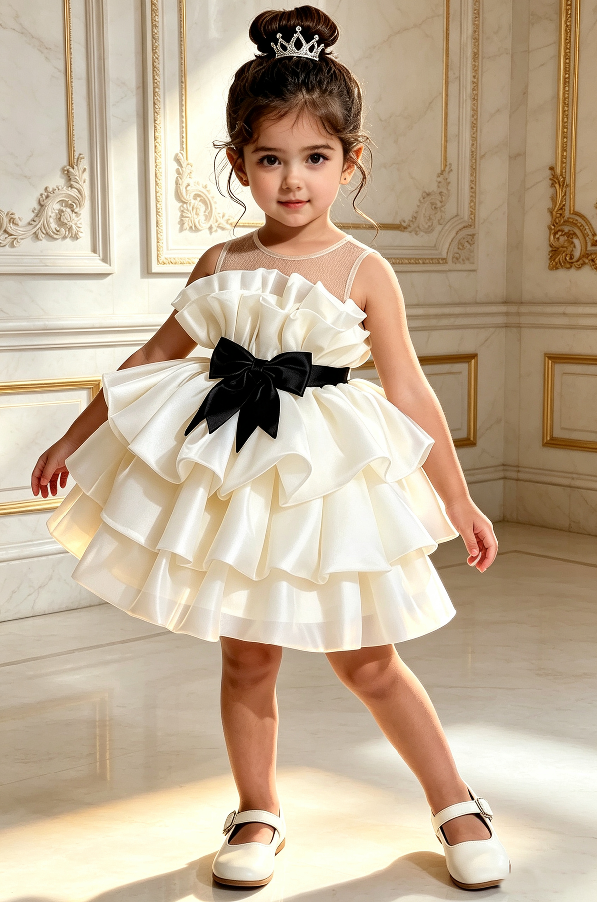 Creamy White Satin Organza Sleeveless Ruffle Black Bow A-Line Mini Dress