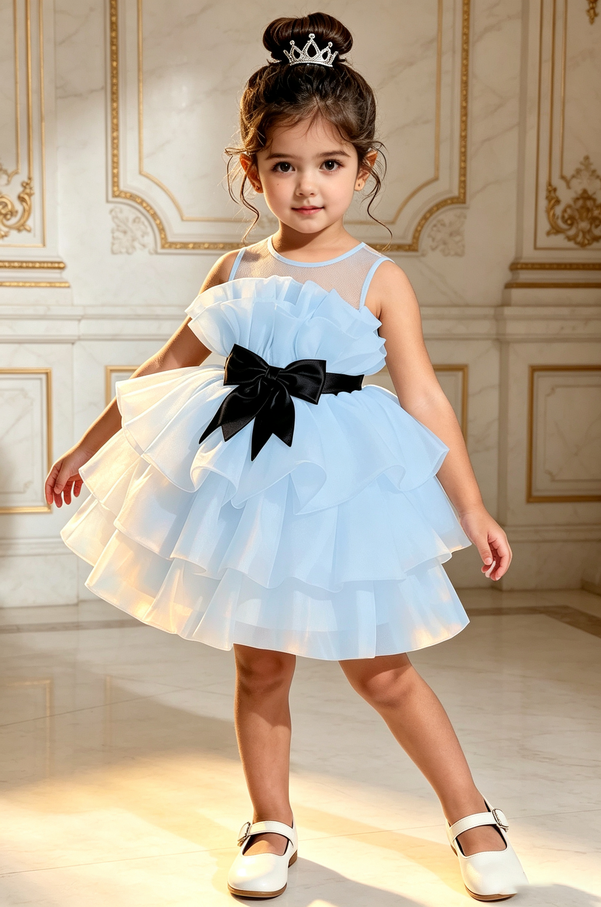 Creamy White Satin Organza Sleeveless Ruffle Black Bow A-Line Mini Dress
