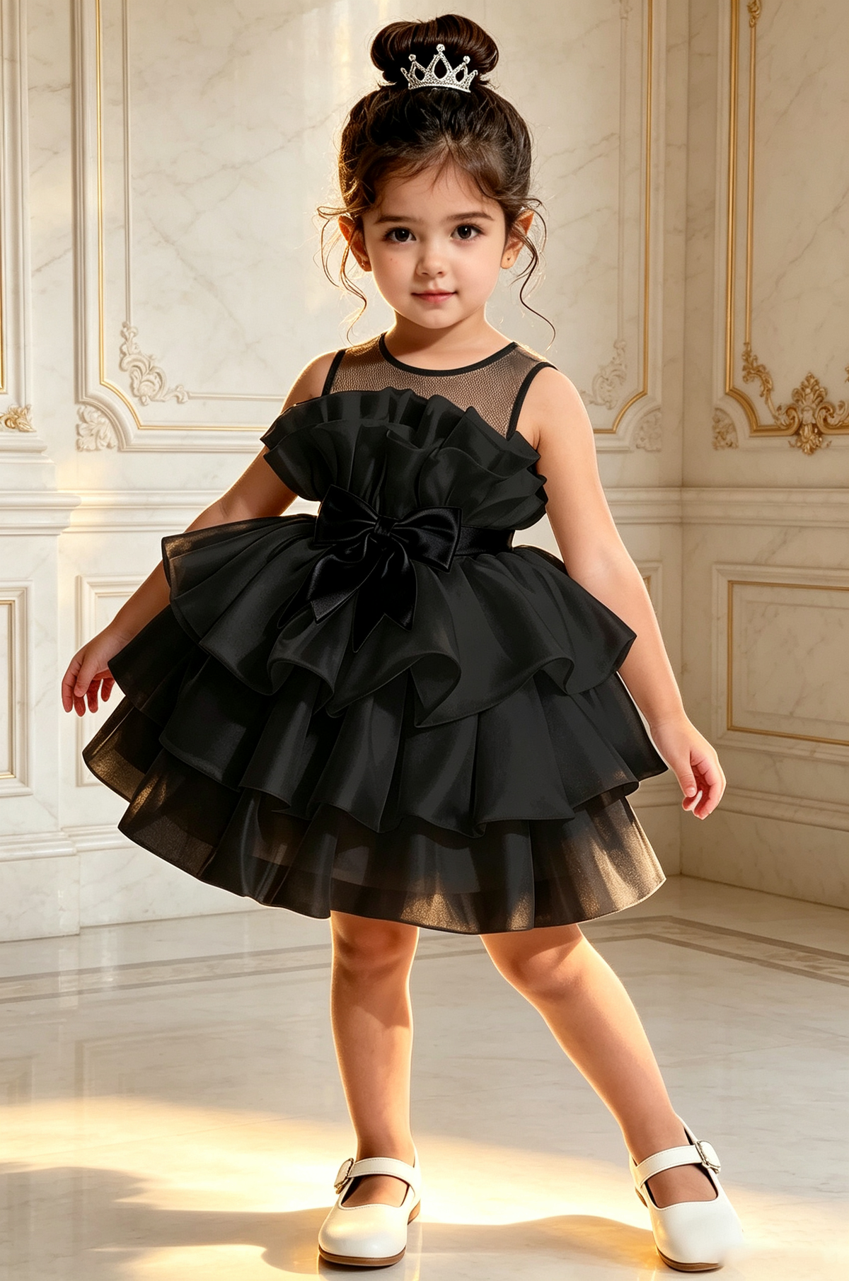 Creamy White Satin Organza Sleeveless Ruffle Black Bow A-Line Mini Dress