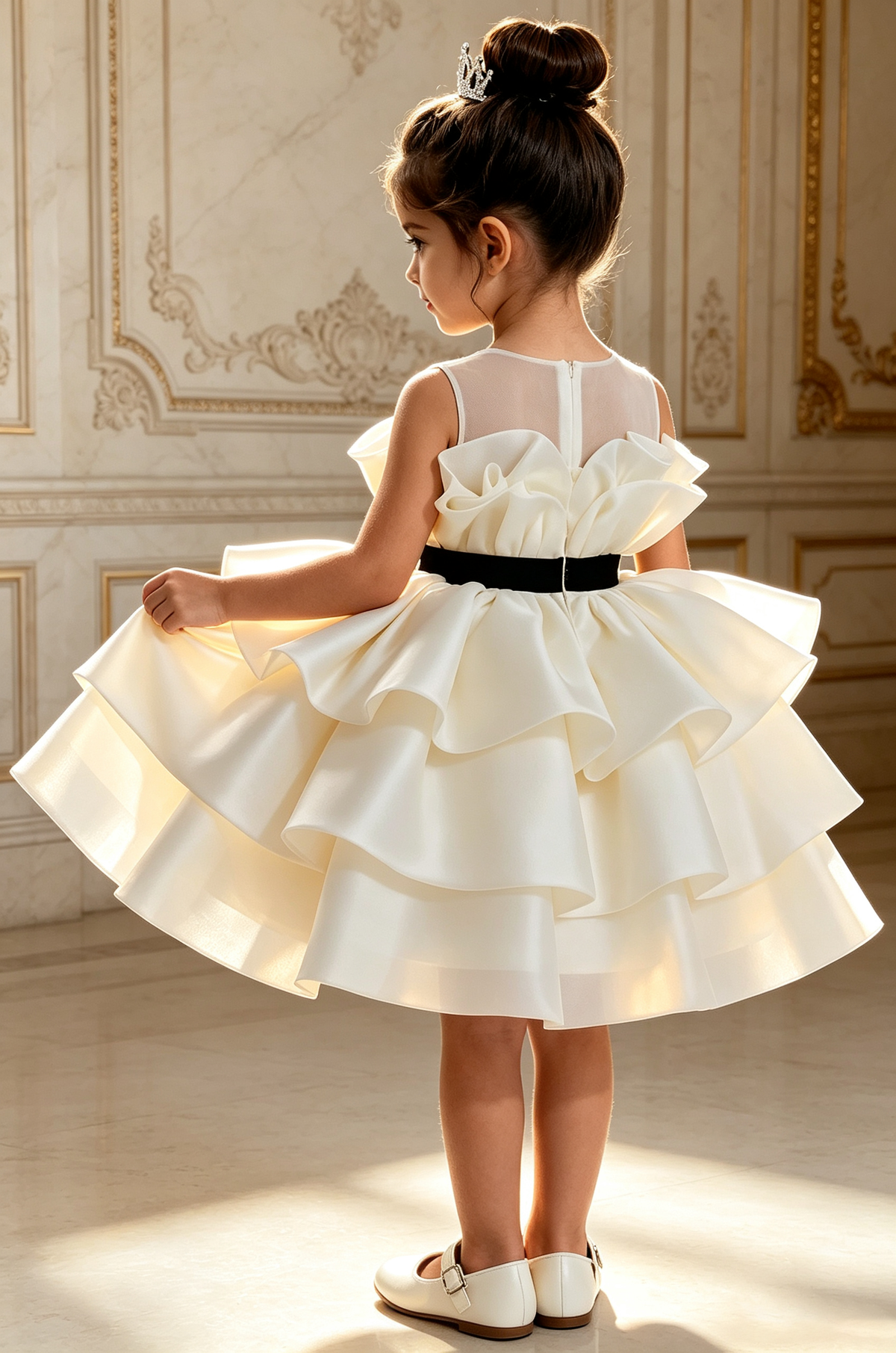 Creamy White Satin Organza Sleeveless Ruffle Black Bow A-Line Mini Dress