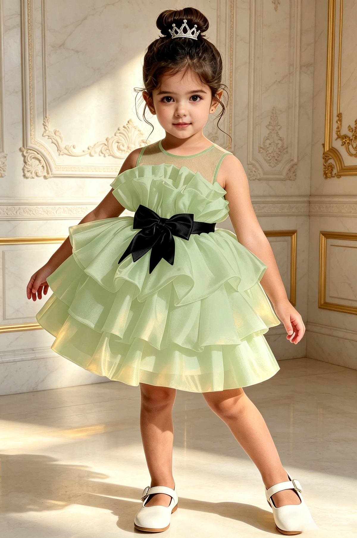 Creamy White Satin Organza Sleeveless Ruffle Black Bow A-Line Mini Dress