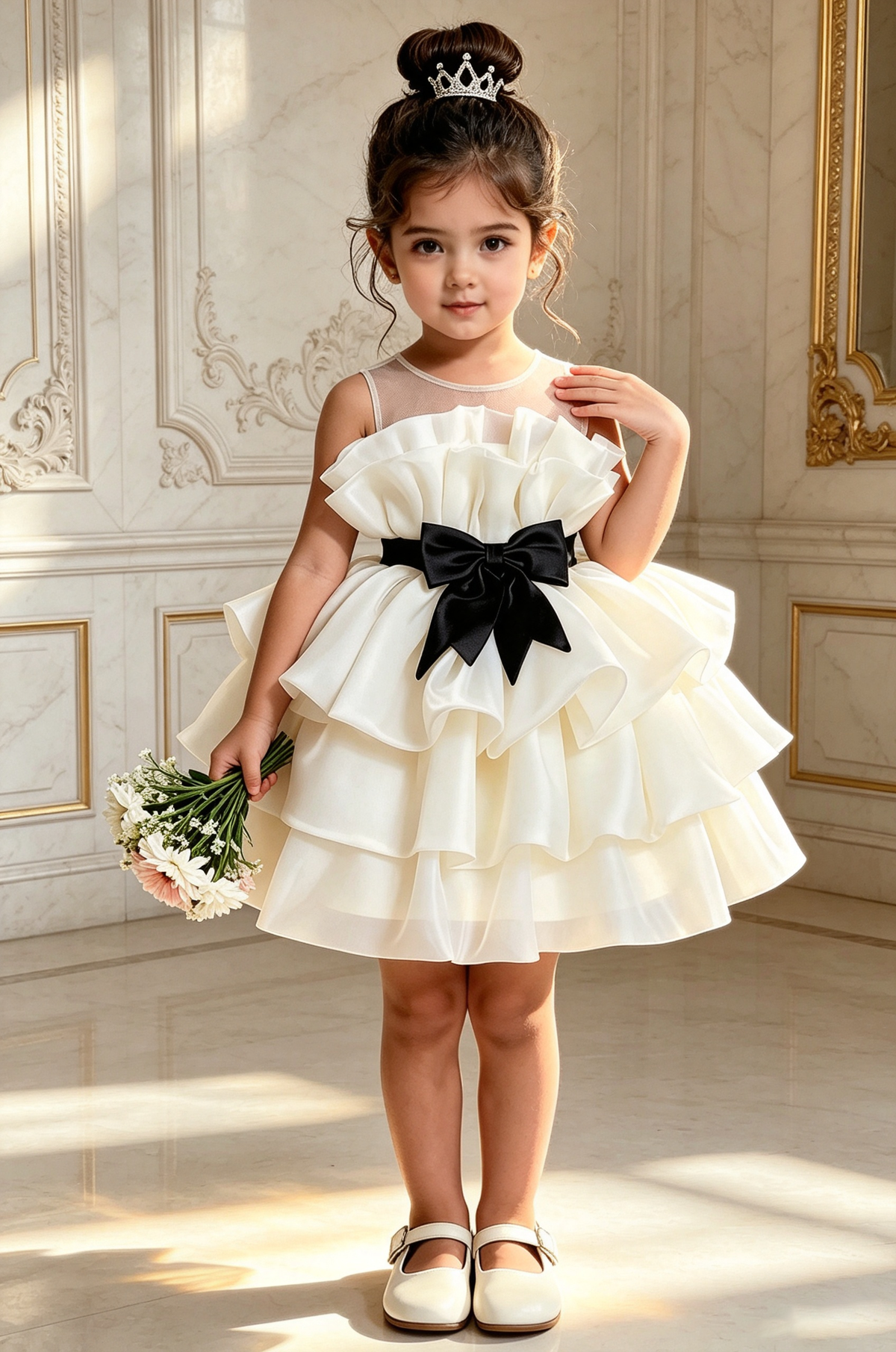 Creamy White Satin Organza Sleeveless Ruffle Black Bow A-Line Mini Dress