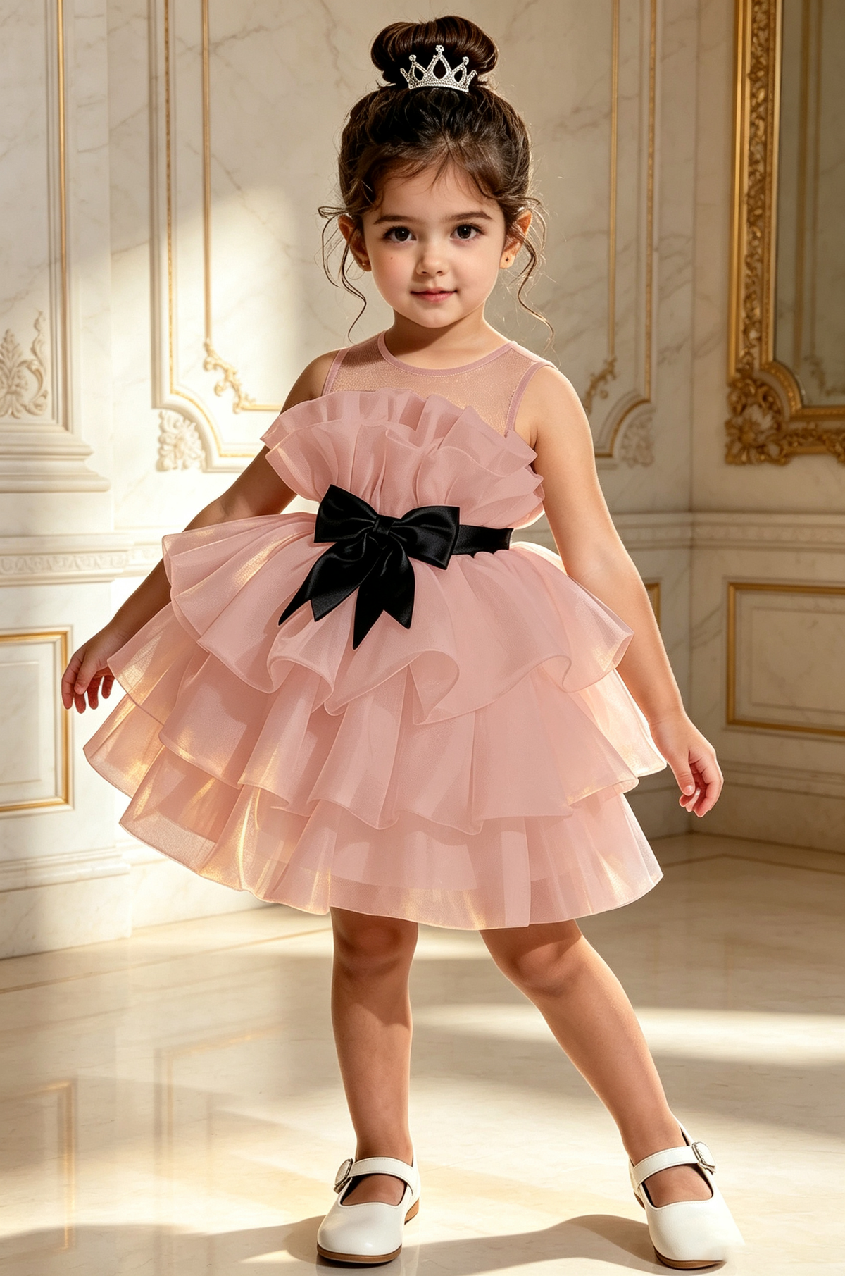 Creamy White Satin Organza Sleeveless Ruffle Black Bow A-Line Mini Dress