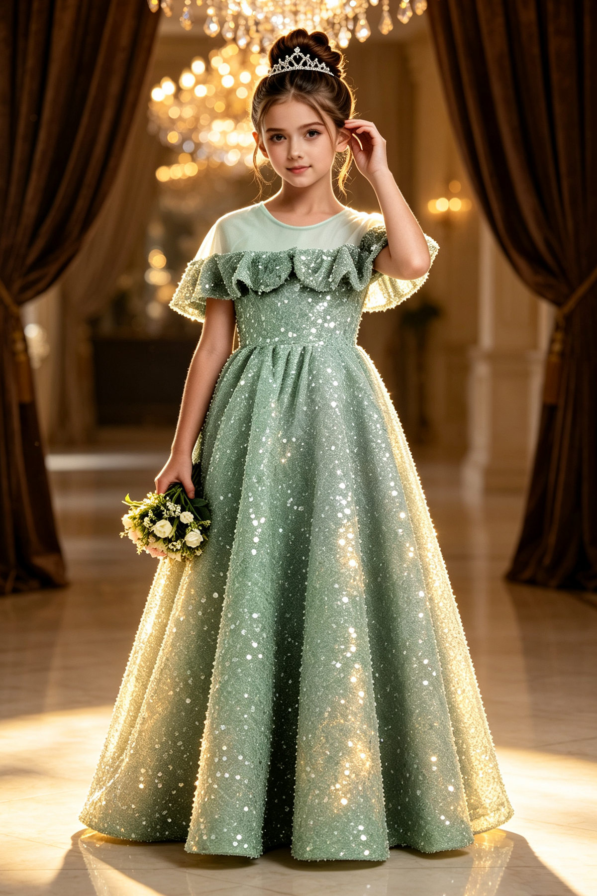 Sky Blue Sequin Velvet Off The Shoulder Ruffle Voluminous A-Line Dress