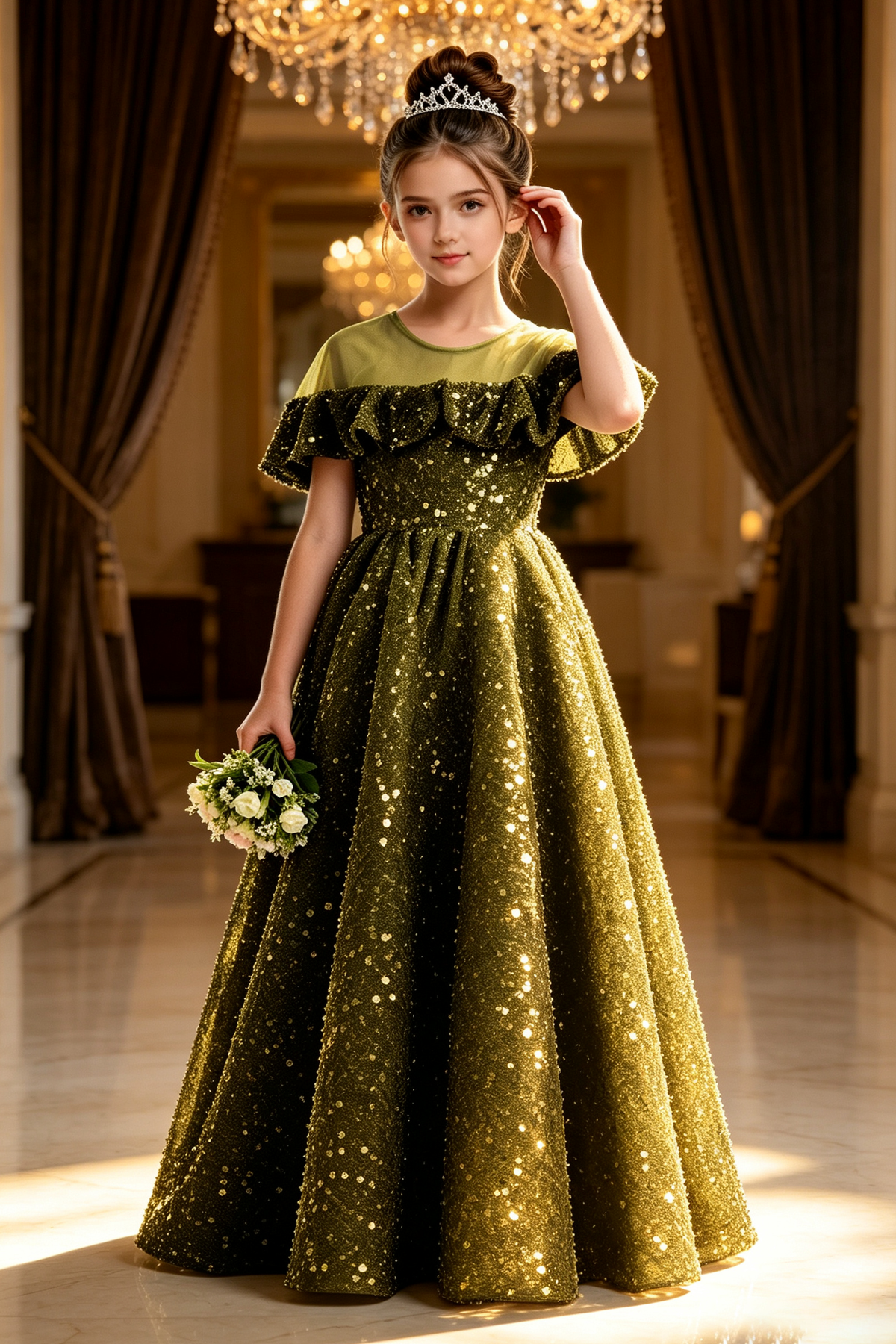 Sky Blue Sequin Velvet Off The Shoulder Ruffle Voluminous A-Line Dress
