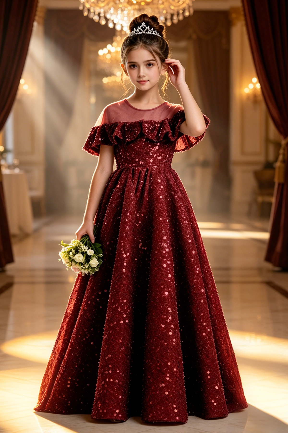 Sky Blue Sequin Velvet Off The Shoulder Ruffle Voluminous A-Line Dress