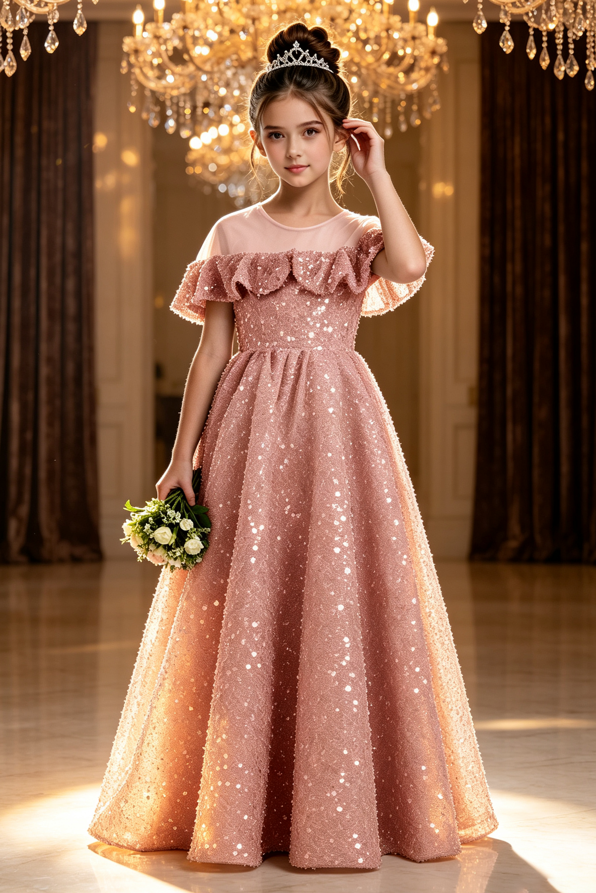 Sky Blue Sequin Velvet Off The Shoulder Ruffle Voluminous A-Line Dress