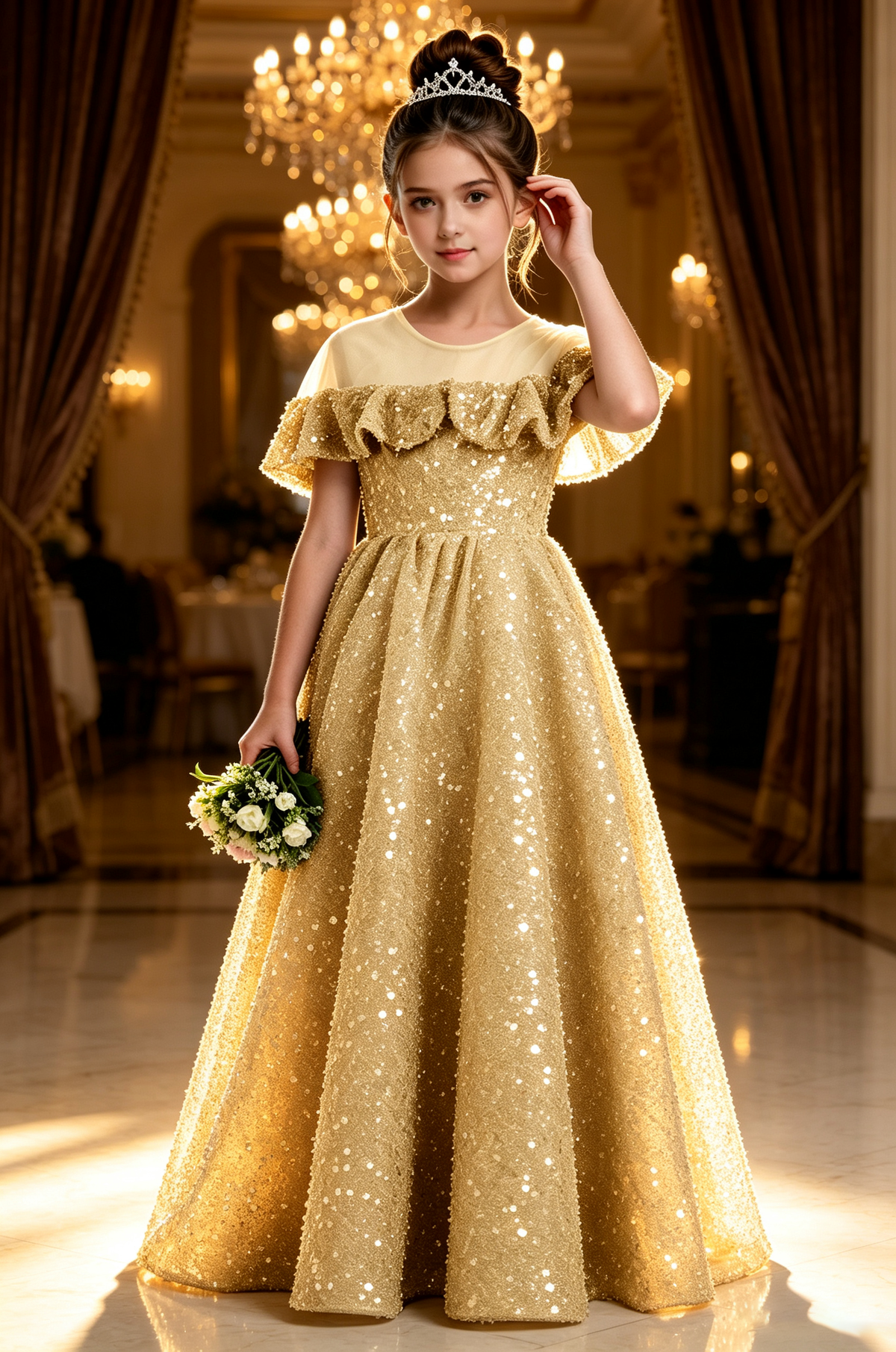 Sky Blue Sequin Velvet Off The Shoulder Ruffle Voluminous A-Line Dress