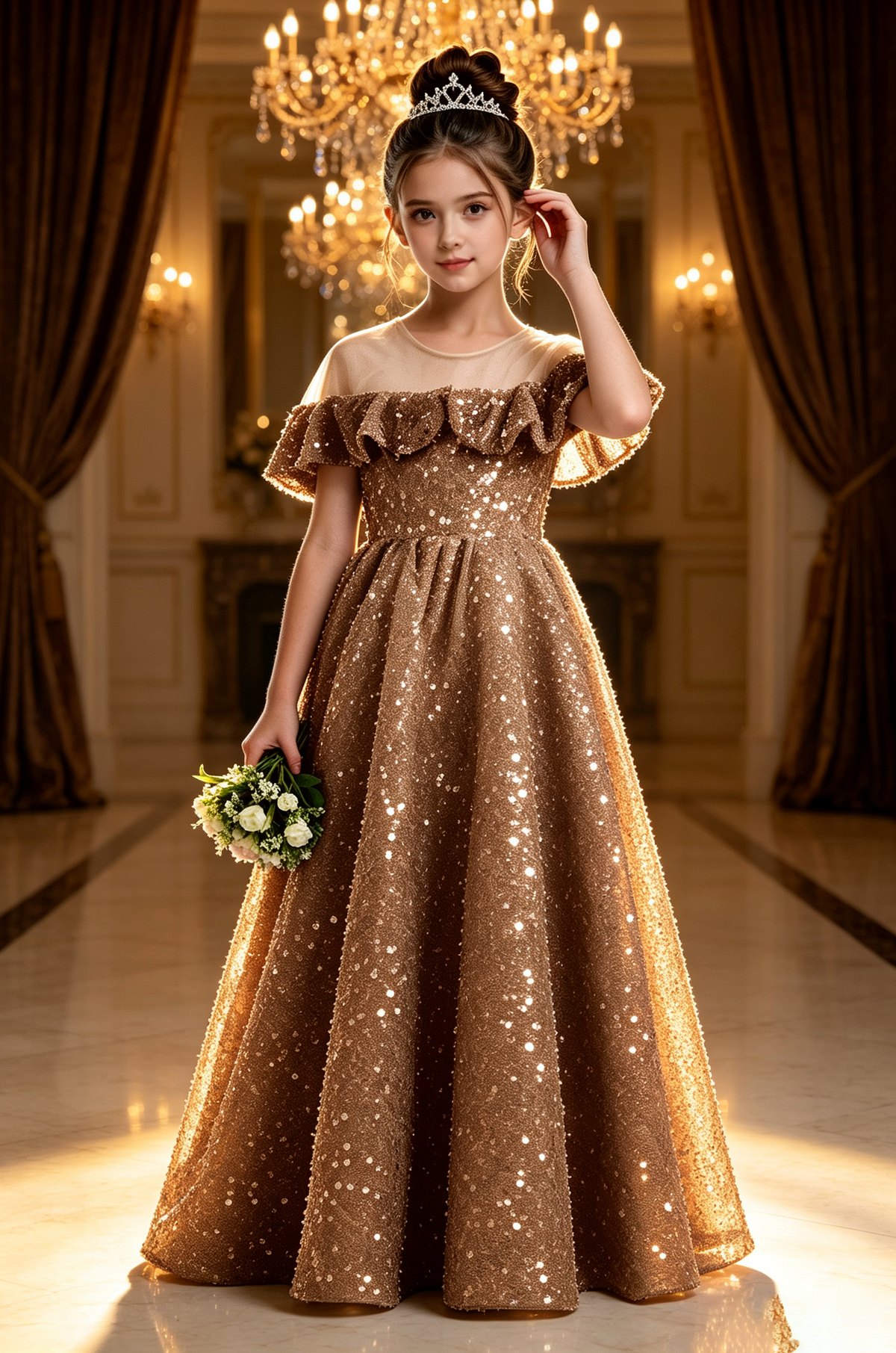 Sky Blue Sequin Velvet Off The Shoulder Ruffle Voluminous A-Line Dress