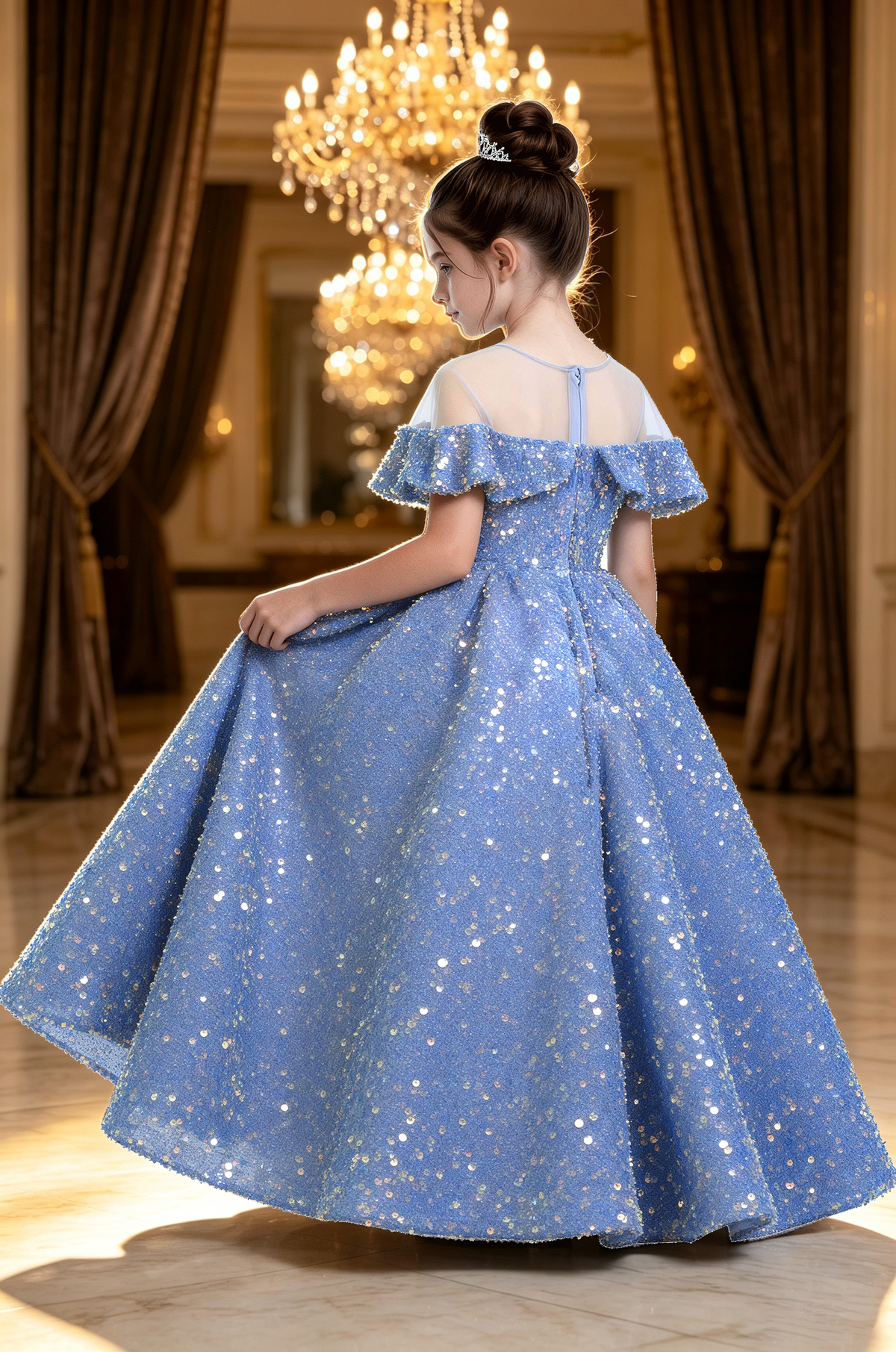 Sky Blue Sequin Velvet Off The Shoulder Ruffle Voluminous A-Line Dress