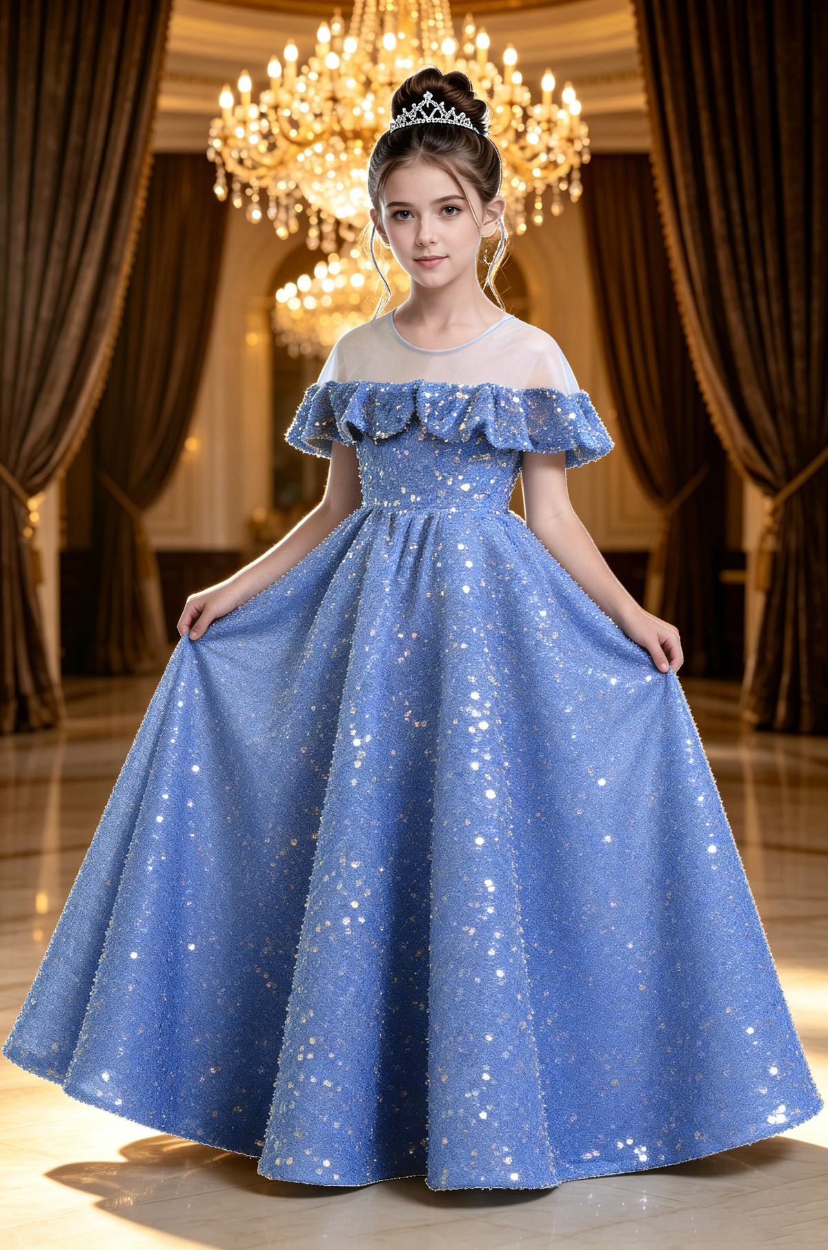 Sky Blue Sequin Velvet Off The Shoulder Ruffle Voluminous A-Line Dress