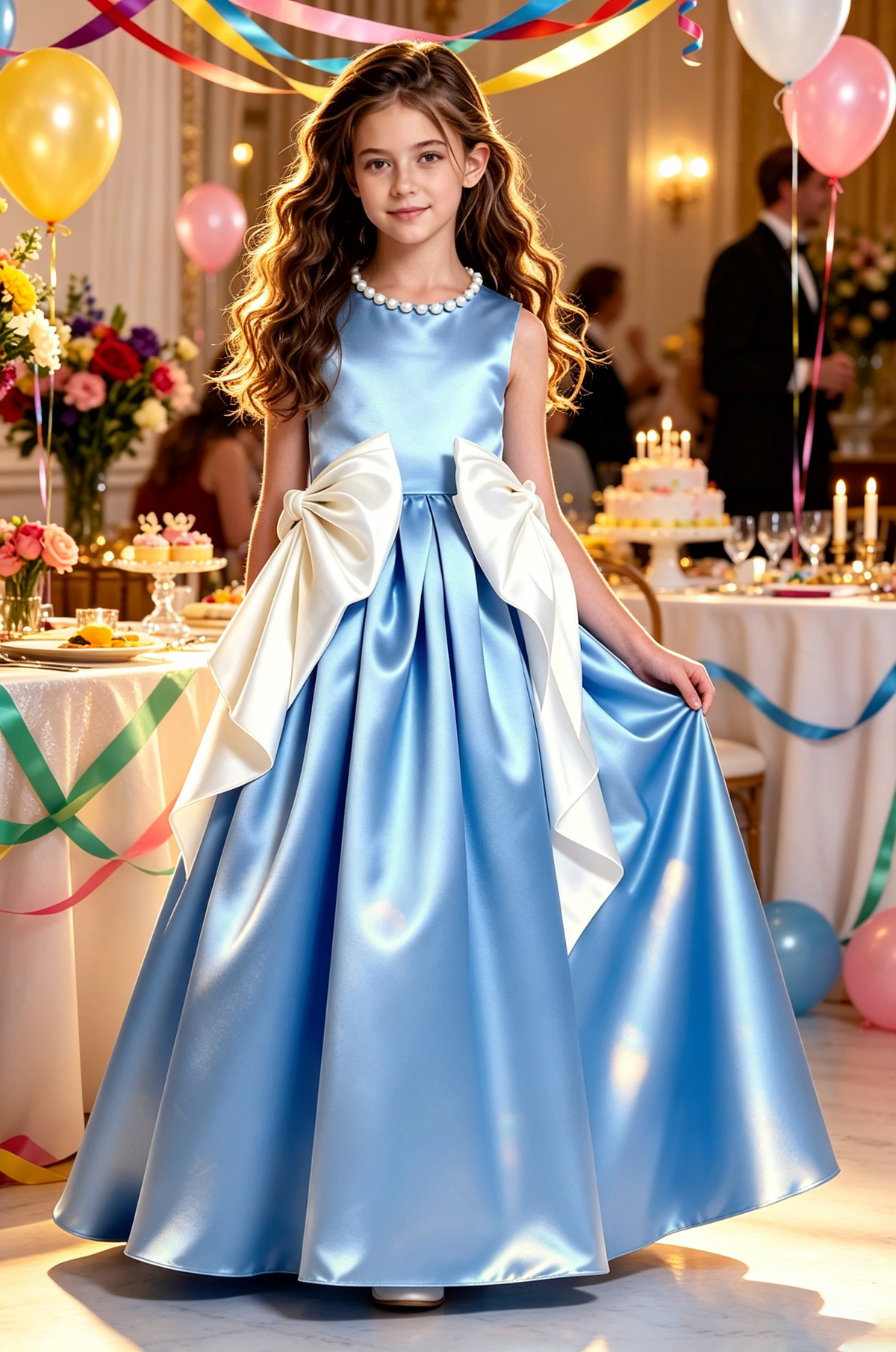 Blush Pink Pearl Satin Oversized White Side Bow A-Line Dress