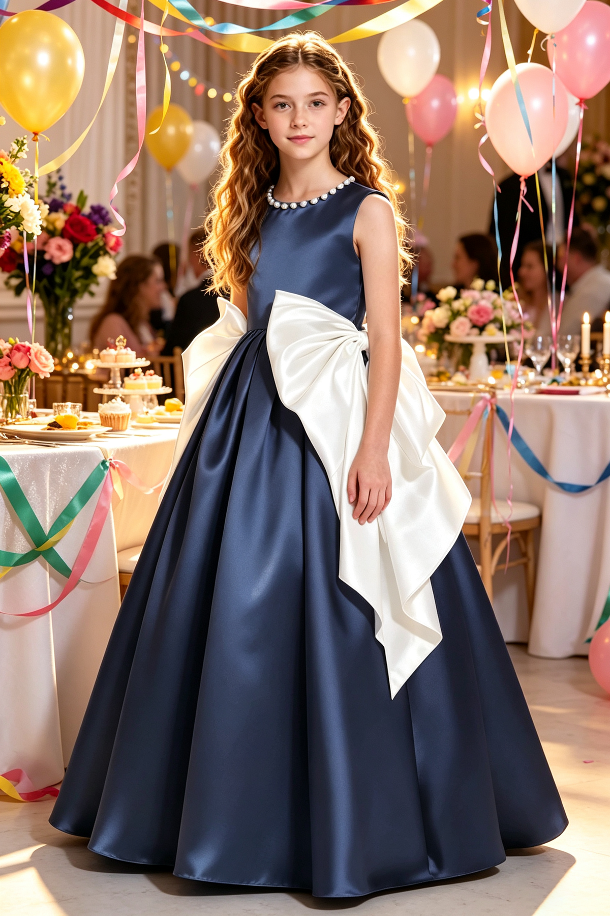 Blush Pink Pearl Satin Oversized White Side Bow A-Line Dress