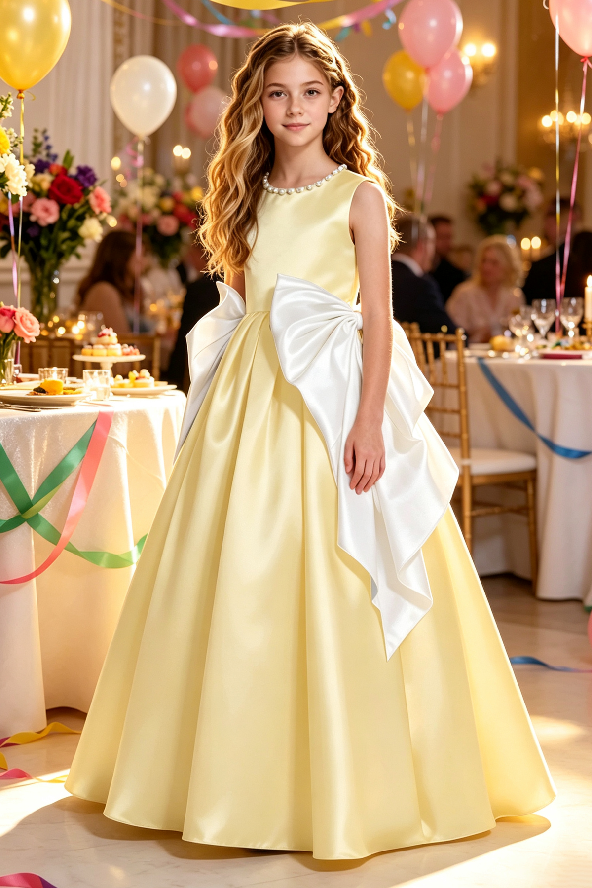 Blush Pink Pearl Satin Oversized White Side Bow A-Line Dress