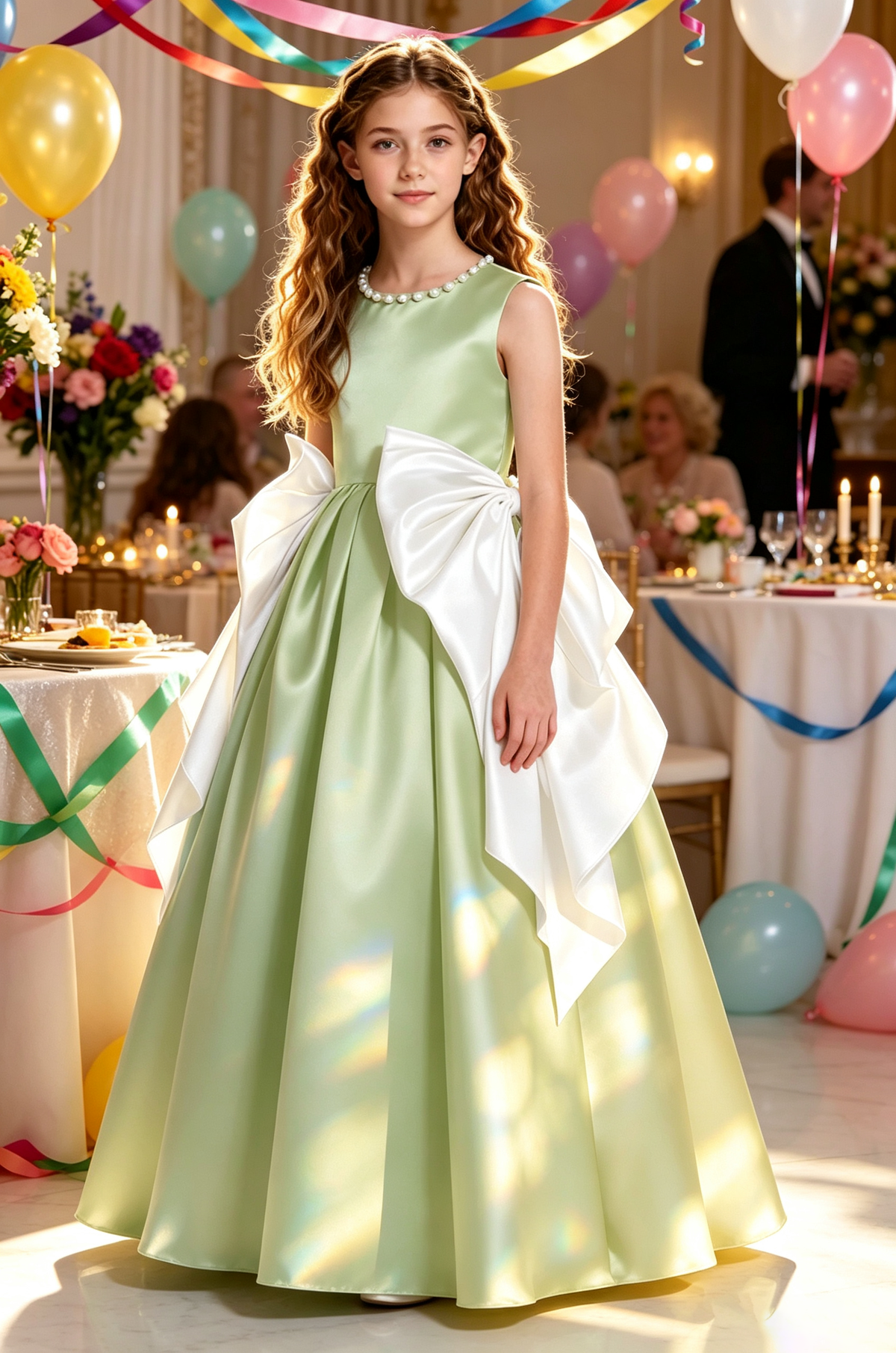 Blush Pink Pearl Satin Oversized White Side Bow A-Line Dress
