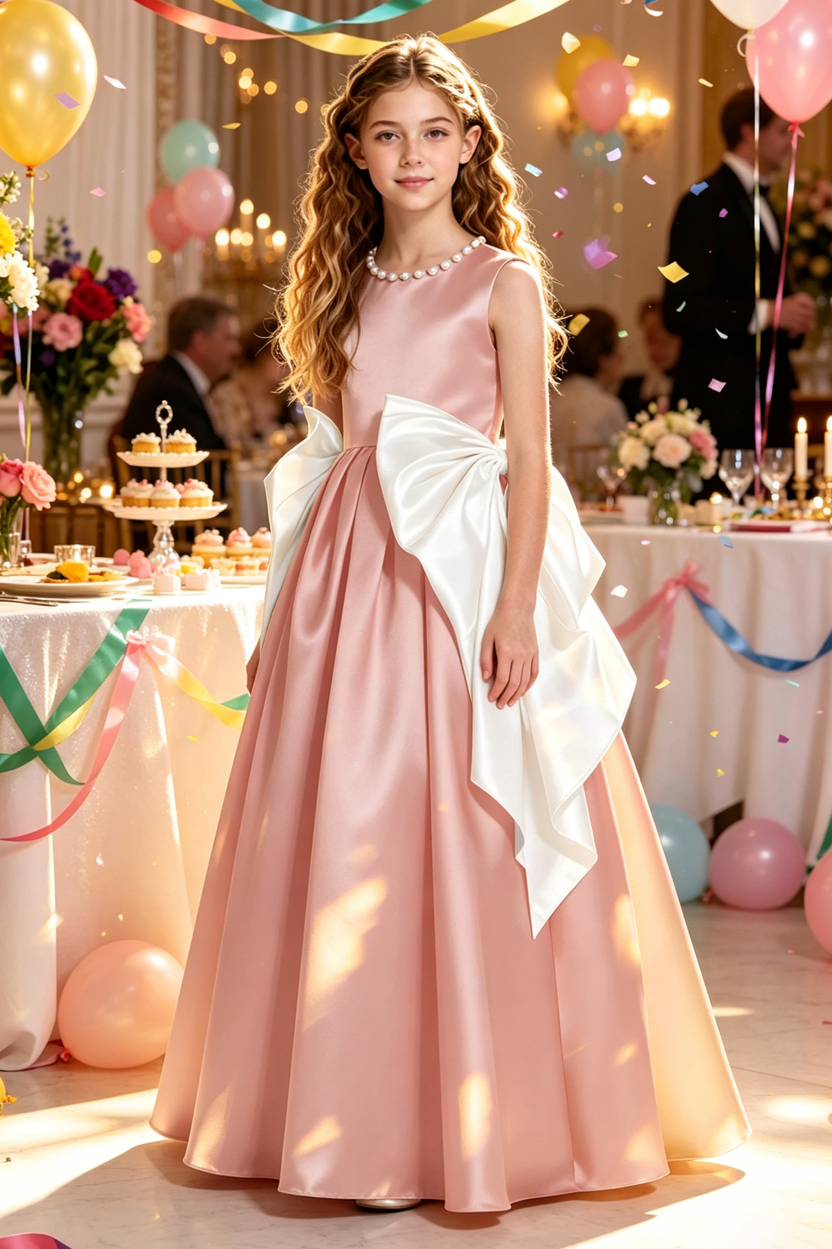 Blush Pink Pearl Satin Oversized White Side Bow A-Line Dress