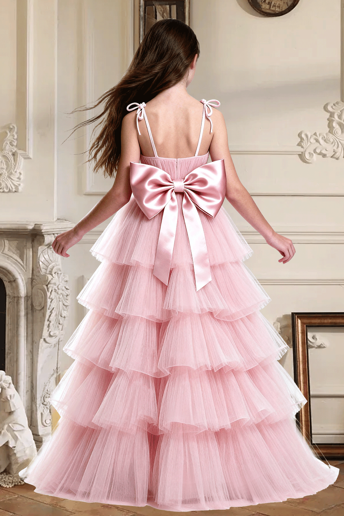 Blush Pink Spaghetti Strap Satin Bow Multi-Tier Tulle Cake A-Line Dress