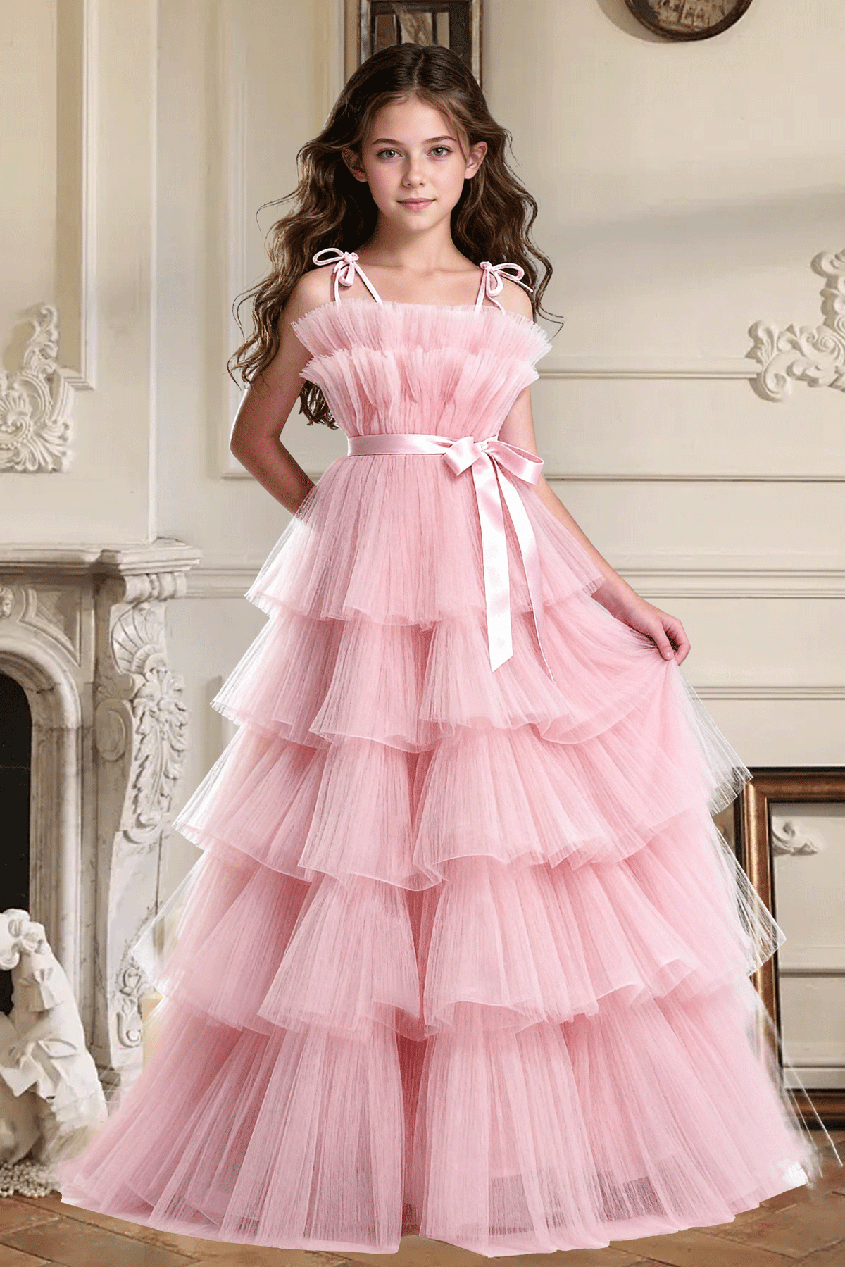 Blush Pink Spaghetti Strap Satin Bow Multi-Tier Tulle Cake A-Line Dress