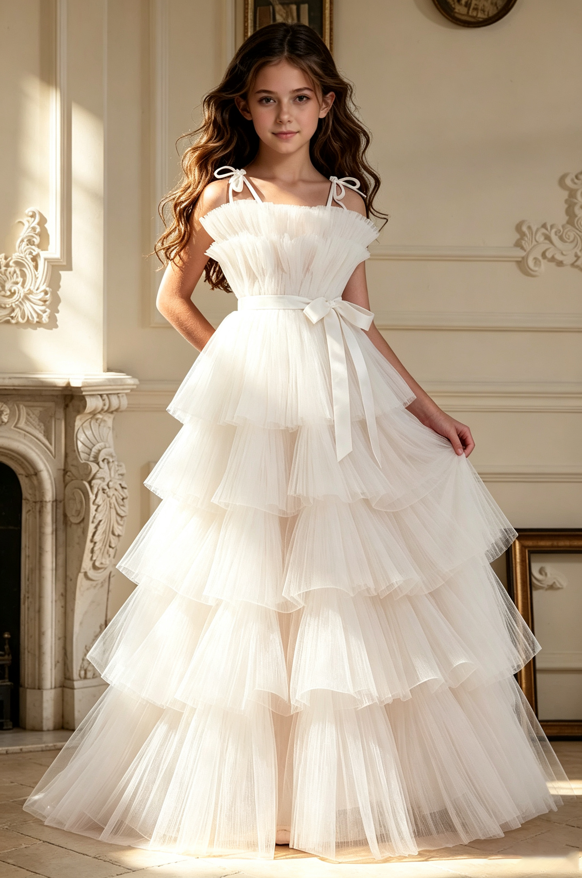 Blush Pink Spaghetti Strap Satin Bow Multi-Tier Tulle Cake A-Line Dress