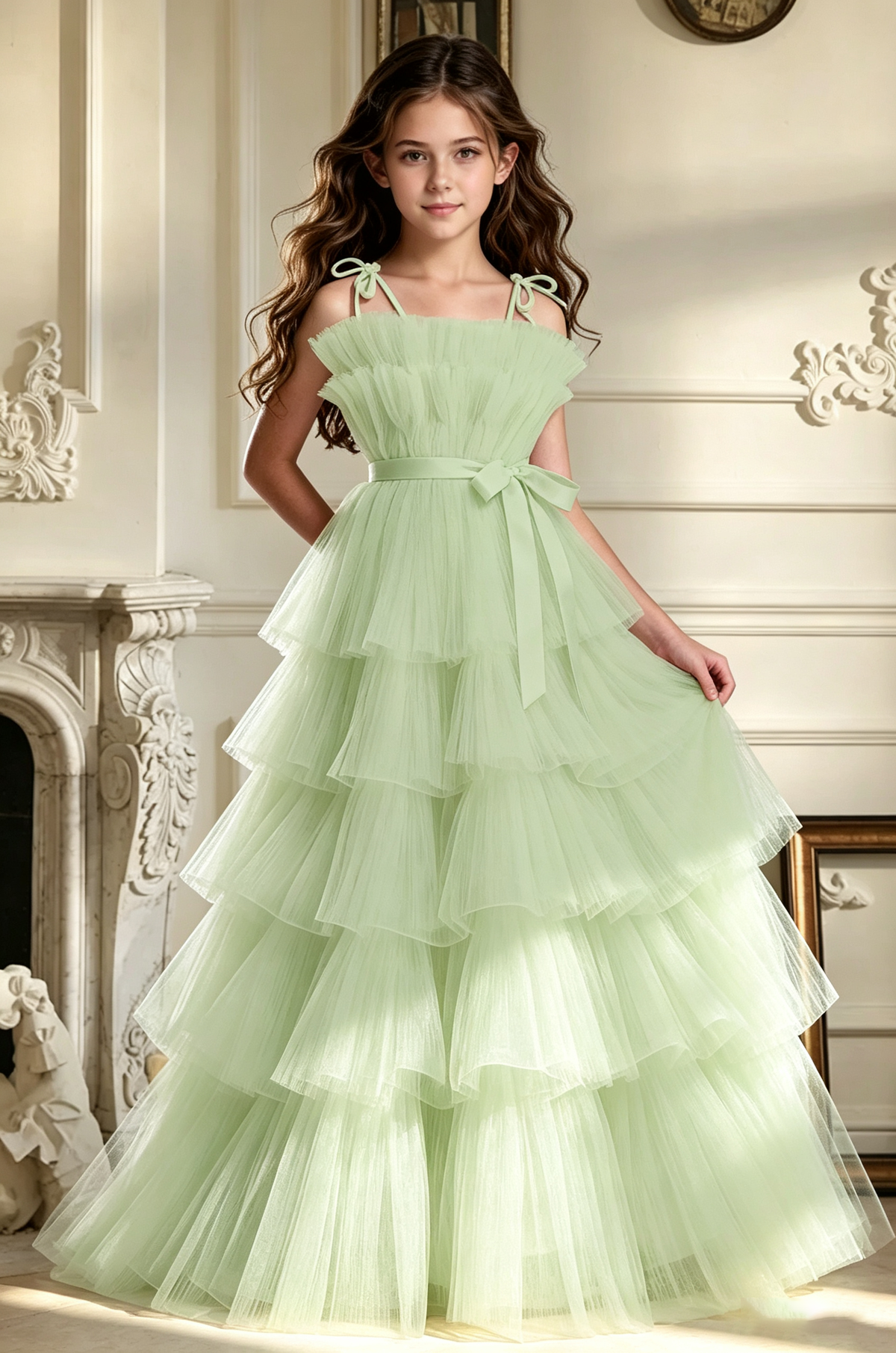 Blush Pink Spaghetti Strap Satin Bow Multi-Tier Tulle Cake A-Line Dress