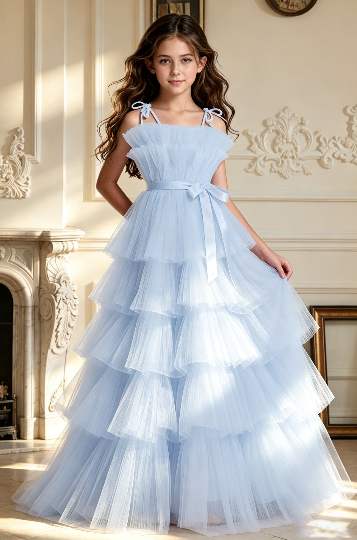 Blush Pink Spaghetti Strap Satin Bow Multi-Tier Tulle Cake A-Line Dress