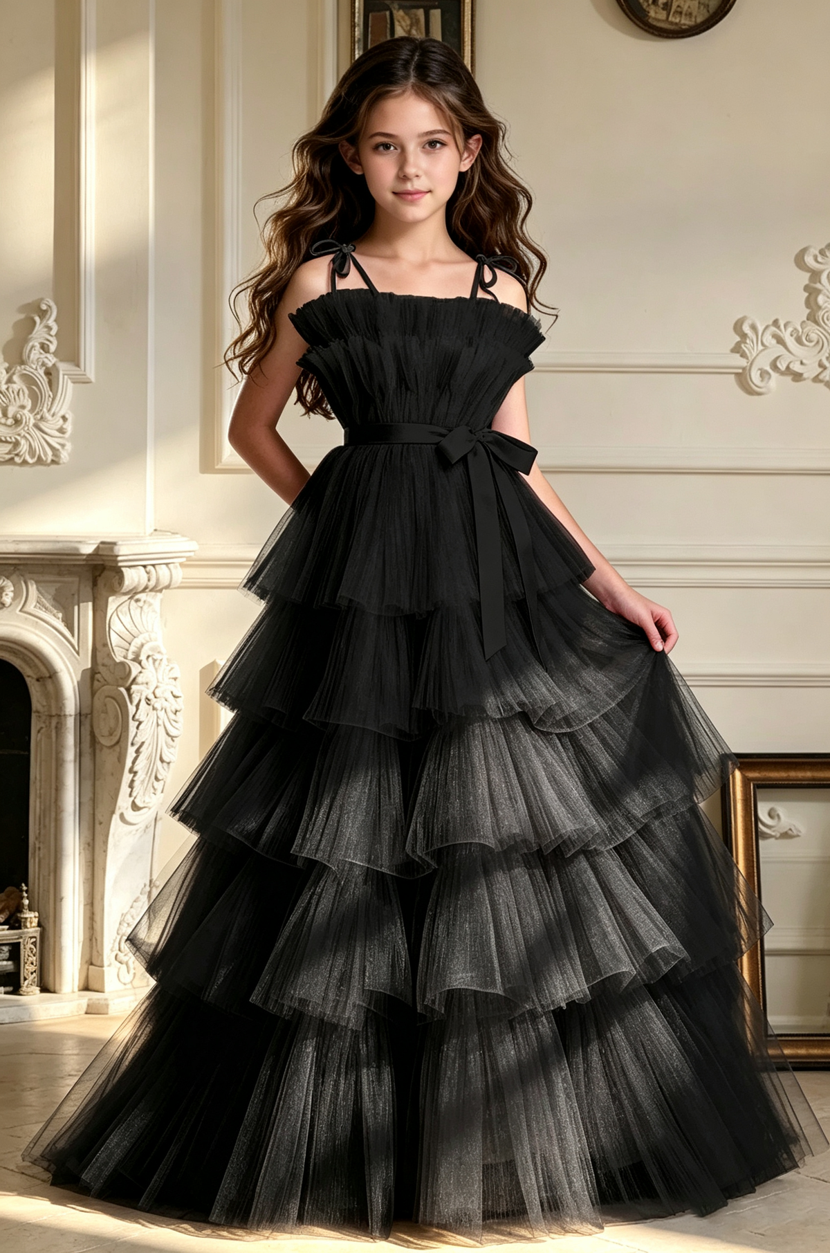 Blush Pink Spaghetti Strap Satin Bow Multi-Tier Tulle Cake A-Line Dress