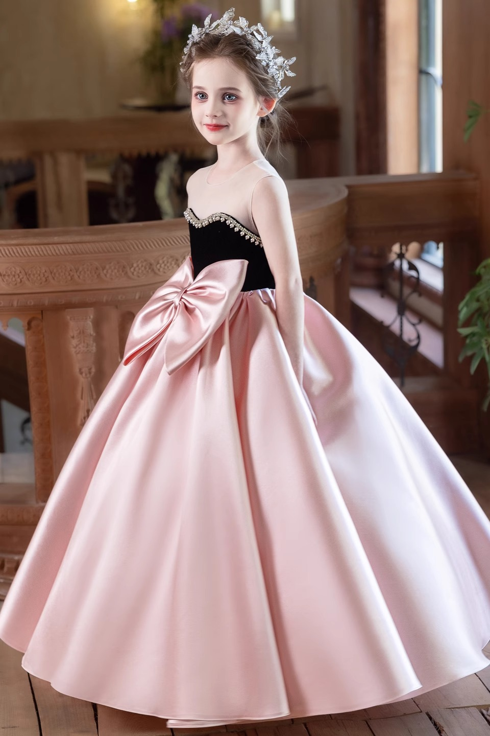 Blush Pink Satin Black Velvet Rhinestone Trim Oversized Bow A-Line Dress