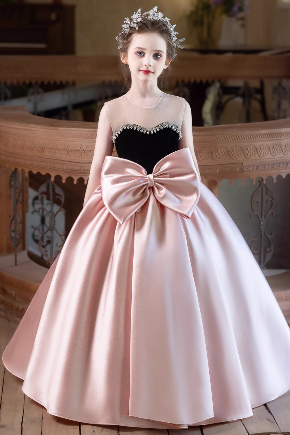 Blush Pink Satin Black Velvet Rhinestone Trim Oversized Bow A-Line Dress
