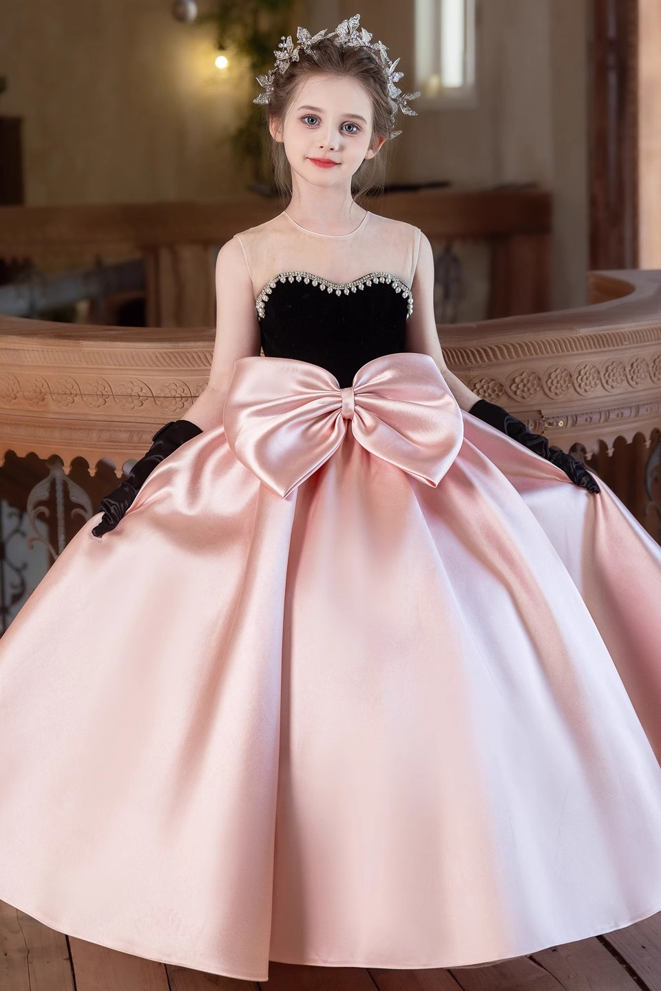 Blush Pink Satin Black Velvet Rhinestone Trim Oversized Bow A-Line Dress