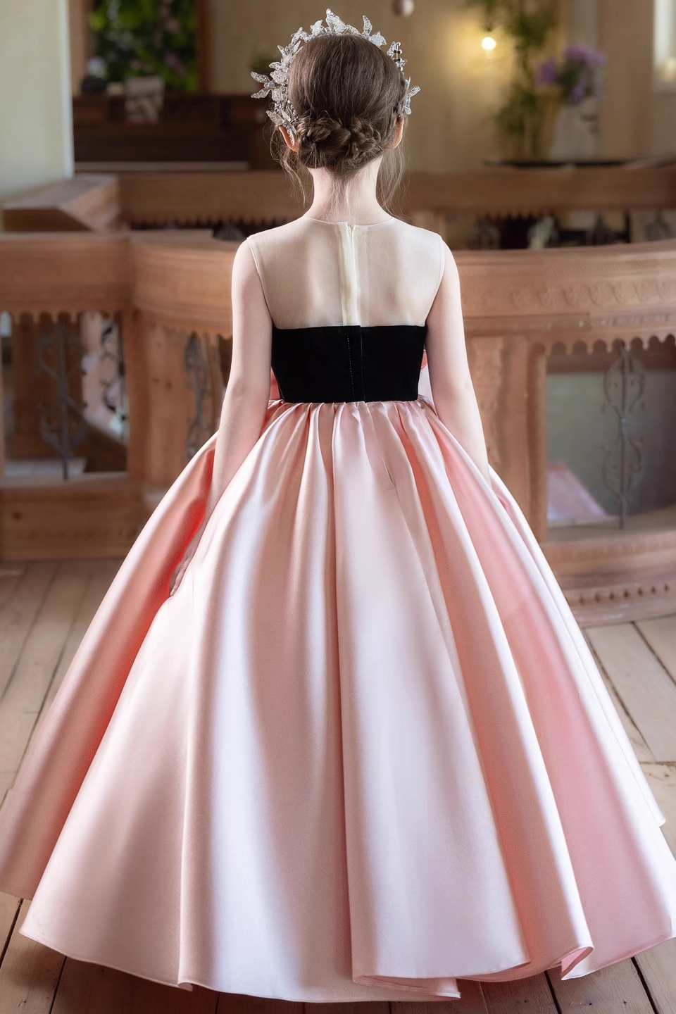 Blush Pink Satin Black Velvet Rhinestone Trim Oversized Bow A-Line Dress