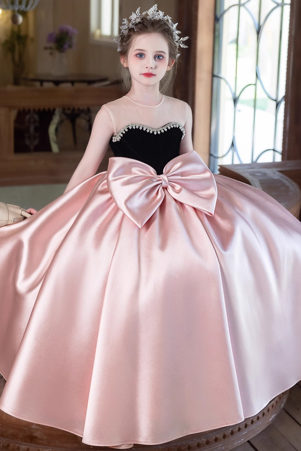 Blush Pink Satin Black Velvet Rhinestone Trim Oversized Bow A-Line Dress