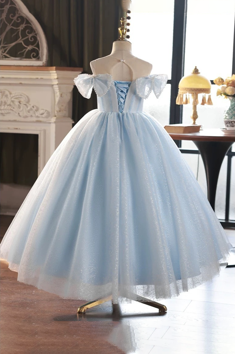 Blue Glitter Tulle Off The Shoulder Pearl Chain Bow Lace-Up Corset A-Line Dress