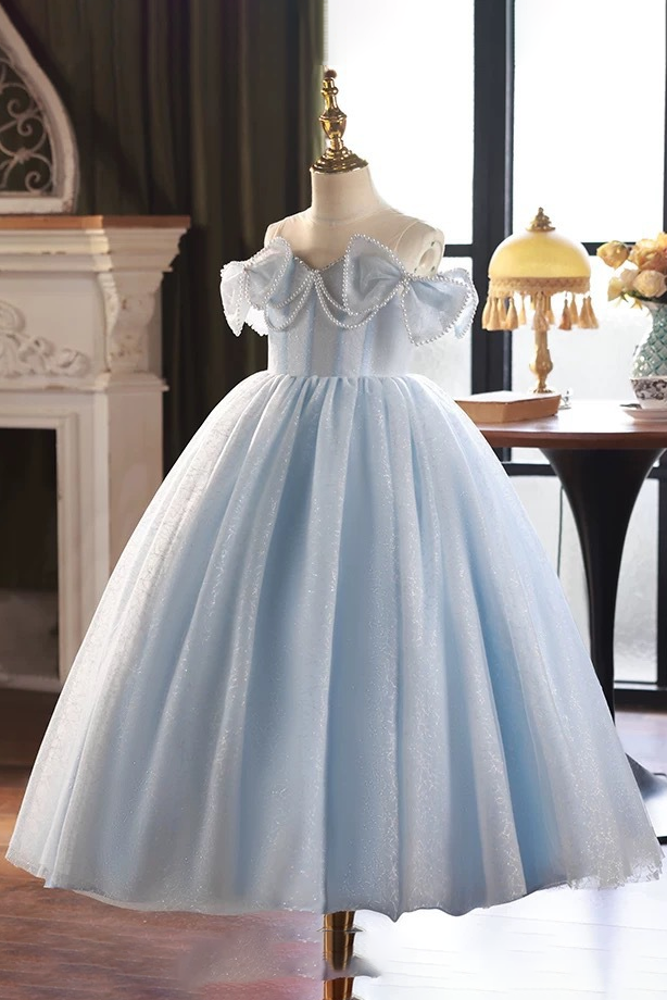 Blue Glitter Tulle Off The Shoulder Pearl Chain Bow Lace-Up Corset A-Line Dress