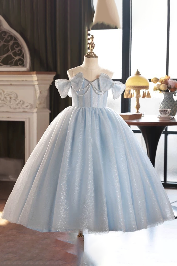 Blue Glitter Tulle Off The Shoulder Pearl Chain Bow Lace-Up Corset A-Line Dress