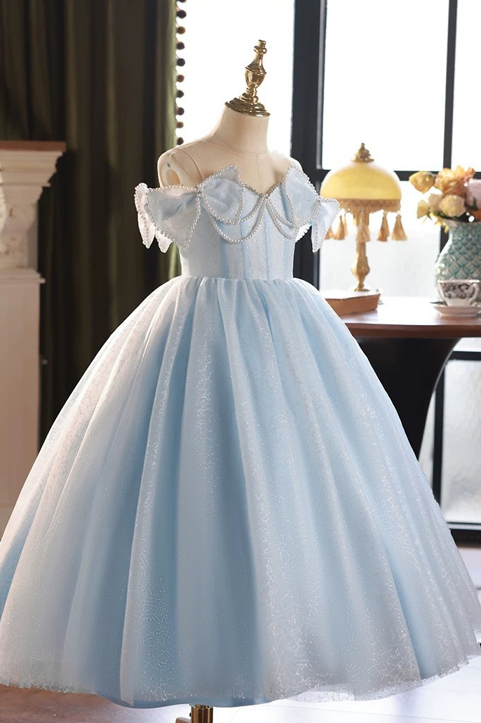 Blue Glitter Tulle Off The Shoulder Pearl Chain Bow Lace-Up Corset A-Line Dress