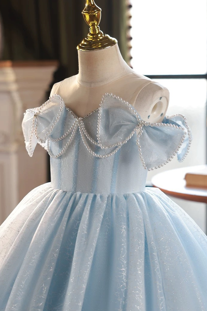 Blue Glitter Tulle Off The Shoulder Pearl Chain Bow Lace-Up Corset A-Line Dress
