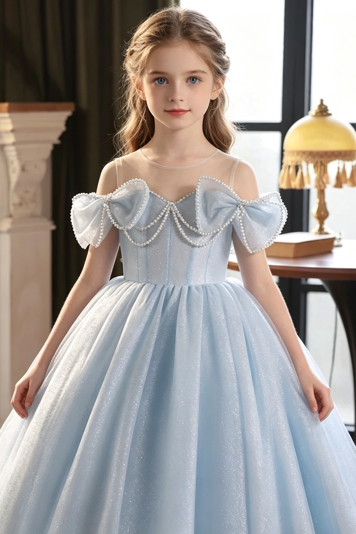 Blue Glitter Tulle Off The Shoulder Pearl Chain Bow Lace-Up Corset A-Line Dress