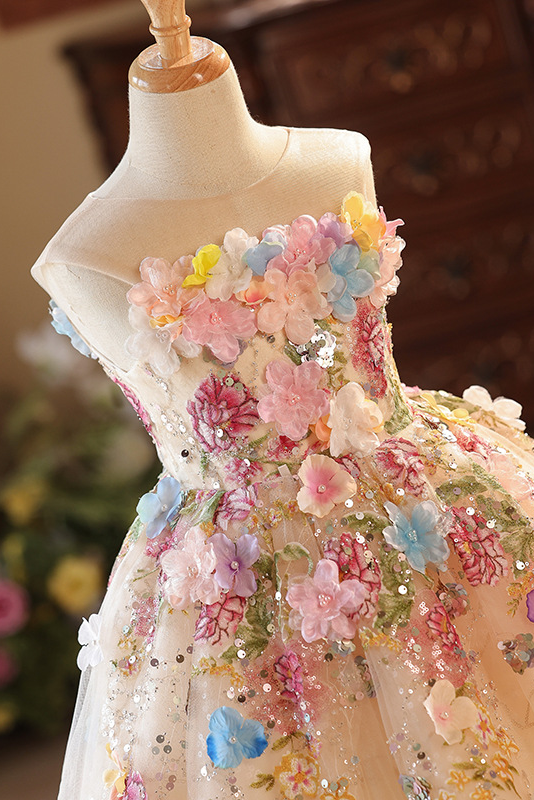 Apricot Handmade 3D Floral Embroidery Sequin Lace-Up Corset Flared A-Line Dress