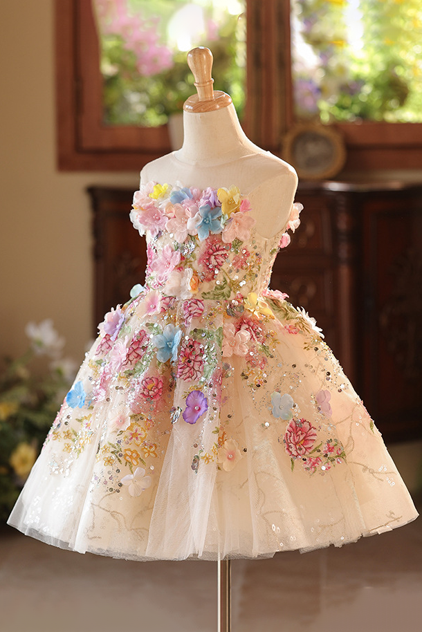 Apricot Handmade 3D Floral Embroidery Sequin Lace-Up Corset Flared A-Line Dress