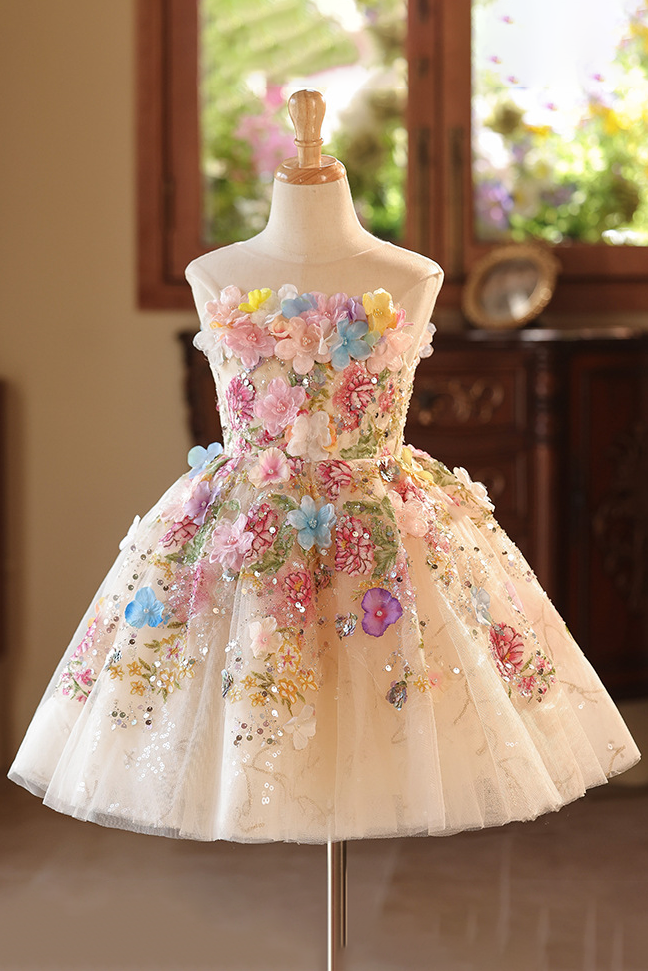 Apricot Handmade 3D Floral Embroidery Sequin Lace-Up Corset Flared A-Line Dress