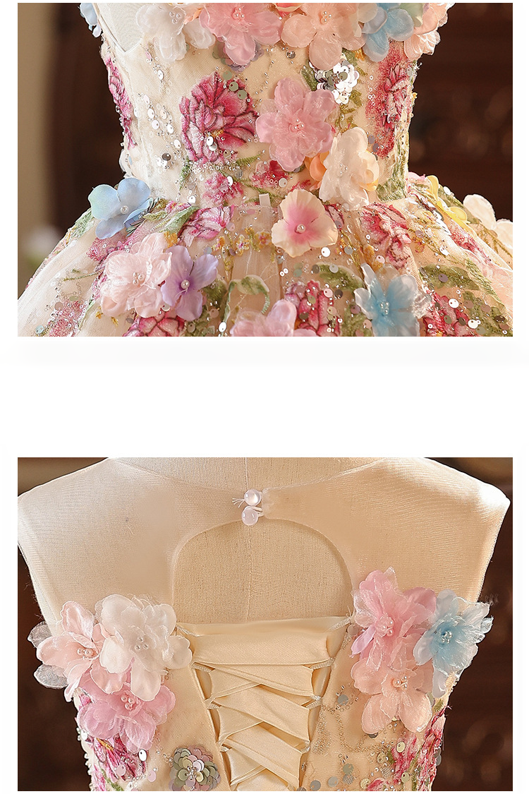 Apricot Handmade 3D Floral Embroidery Sequin Lace-Up Corset Flared A-Line Dress