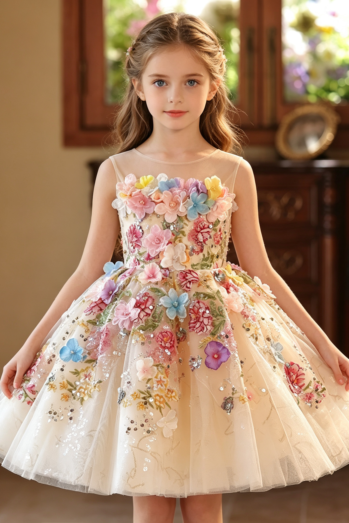 Apricot Handmade 3D Floral Embroidery Sequin Lace-Up Corset Flared A-Line Dress