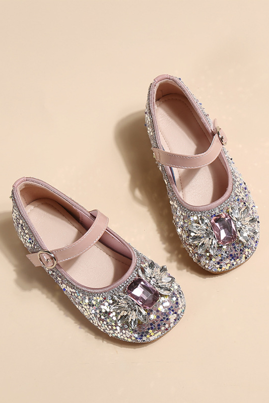 Pink Leather Magic Tape Glitter Sequin Crystal Diamond Mary Jane Princess Shoes