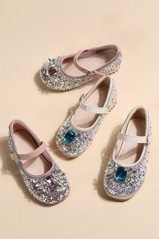 Pink Leather Magic Tape Glitter Sequin Crystal Diamond Mary Jane Princess Shoes